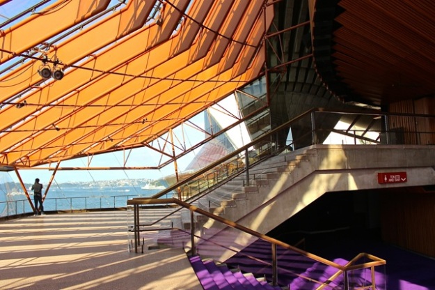 A view of the Northern Foyer inside the Sydney Opera House with its distinctive purple carpet.